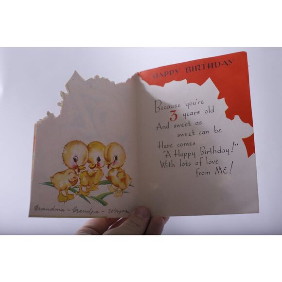 Cute Duckling carrying Number 3, 3-Year-Old Birthday, Greeting Card, Used - Picture 2 of 2